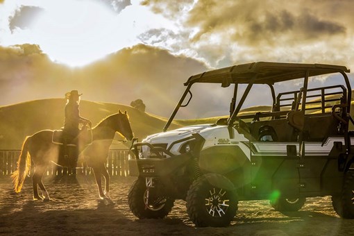 Three-quarter front angle of a side x side parked next to a horse. opens in a new window