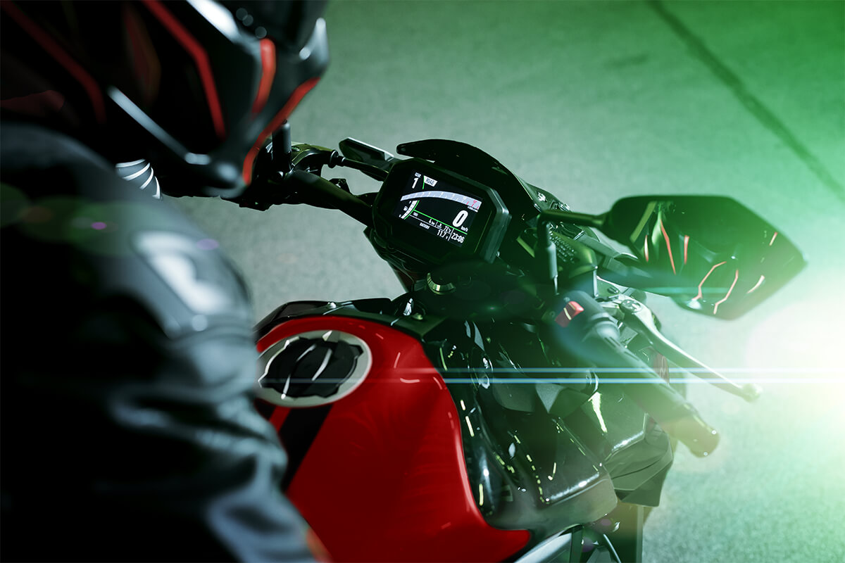 Point-of-view angle of a person on a motorcycle.