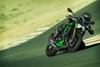 Three-quarter front angle of a person riding a green motorcycle on a racetrack.