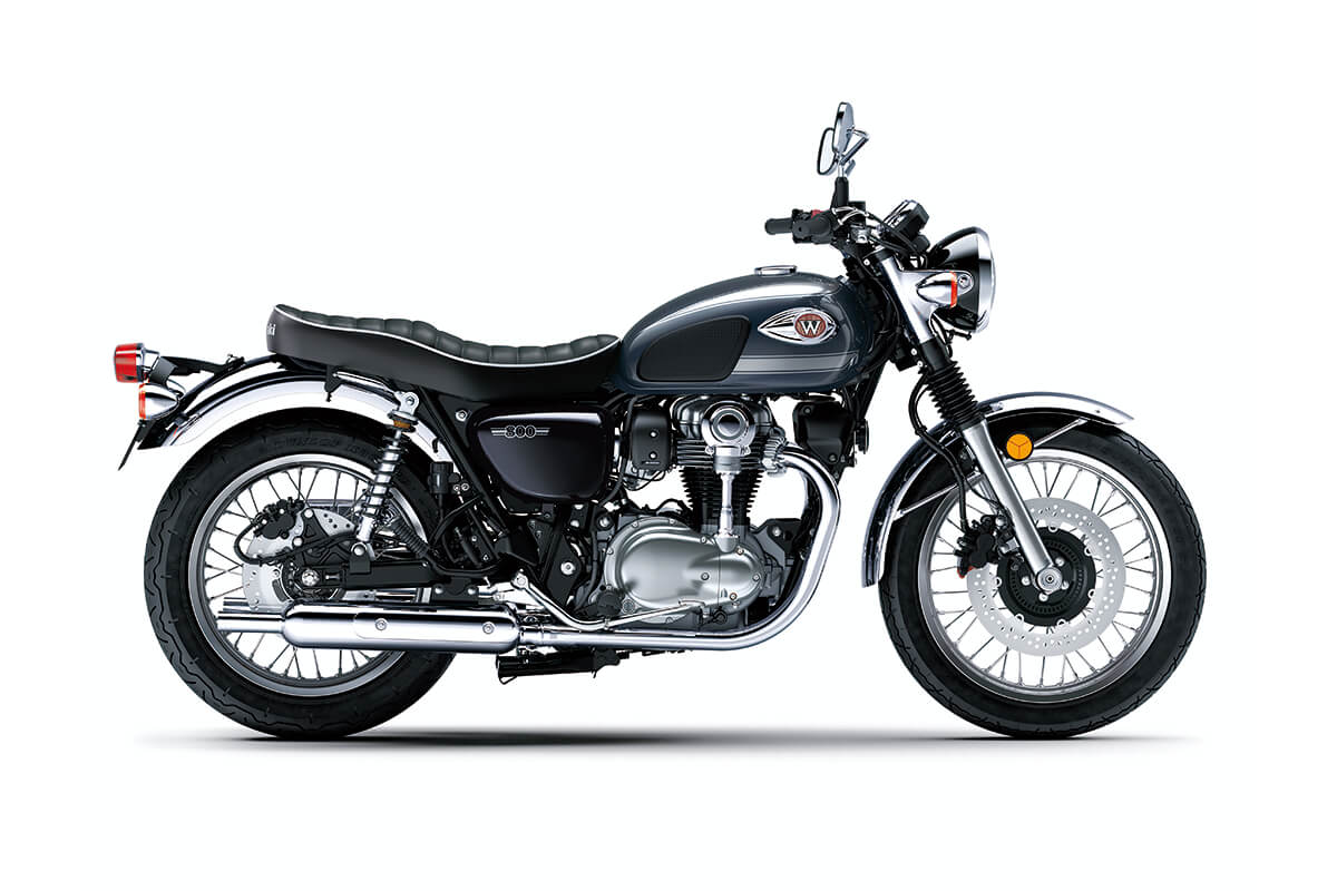 Profile angle of a motorcycle staged in a white studio background.