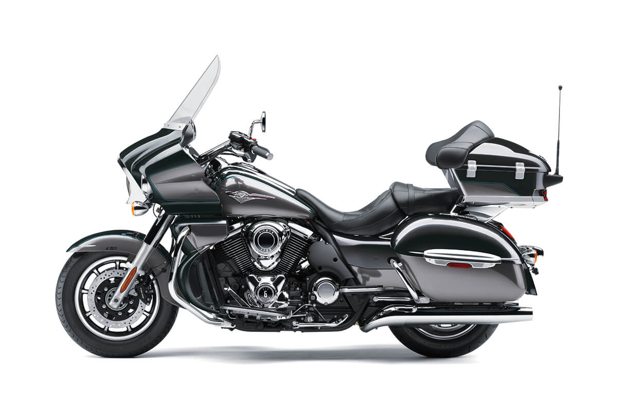 Side angle of a motorcycle staged in a white studio background.