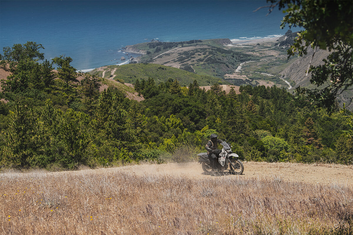 Profile angle of a person on a motorcycle on a dirt trail.