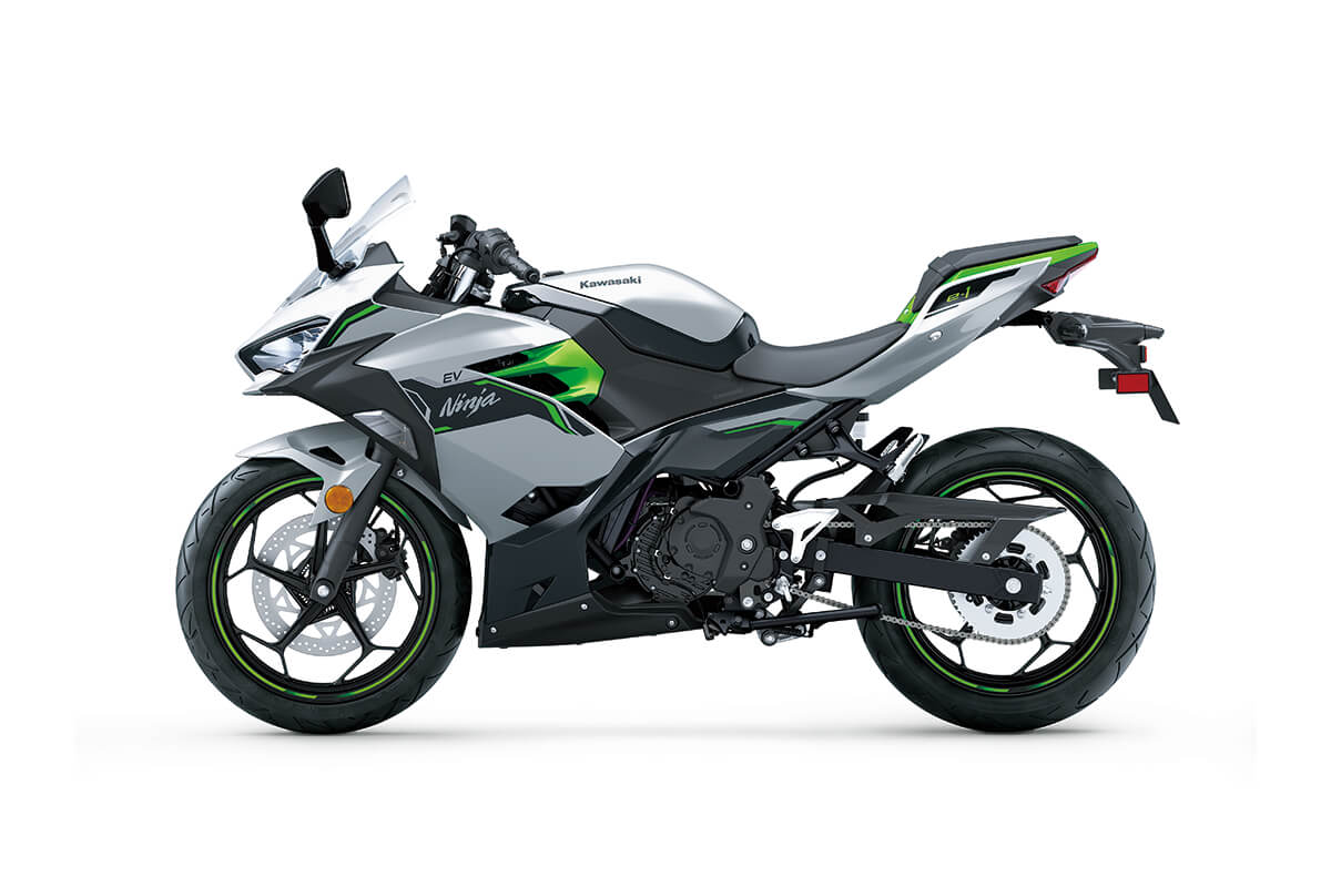Profile angle of a motorcycle staged in a white studio background.