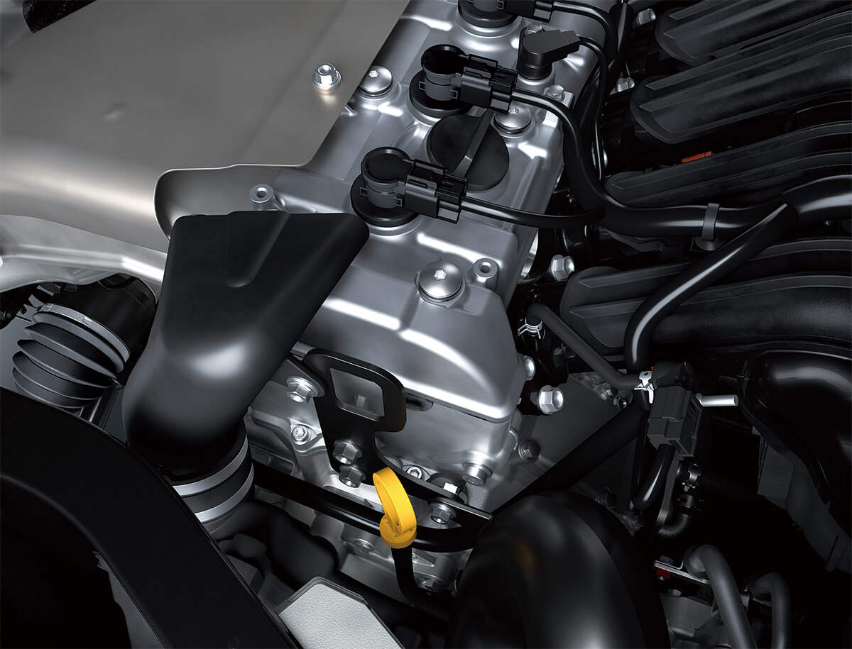 Closeup view of a side x side's engine and dipstick.