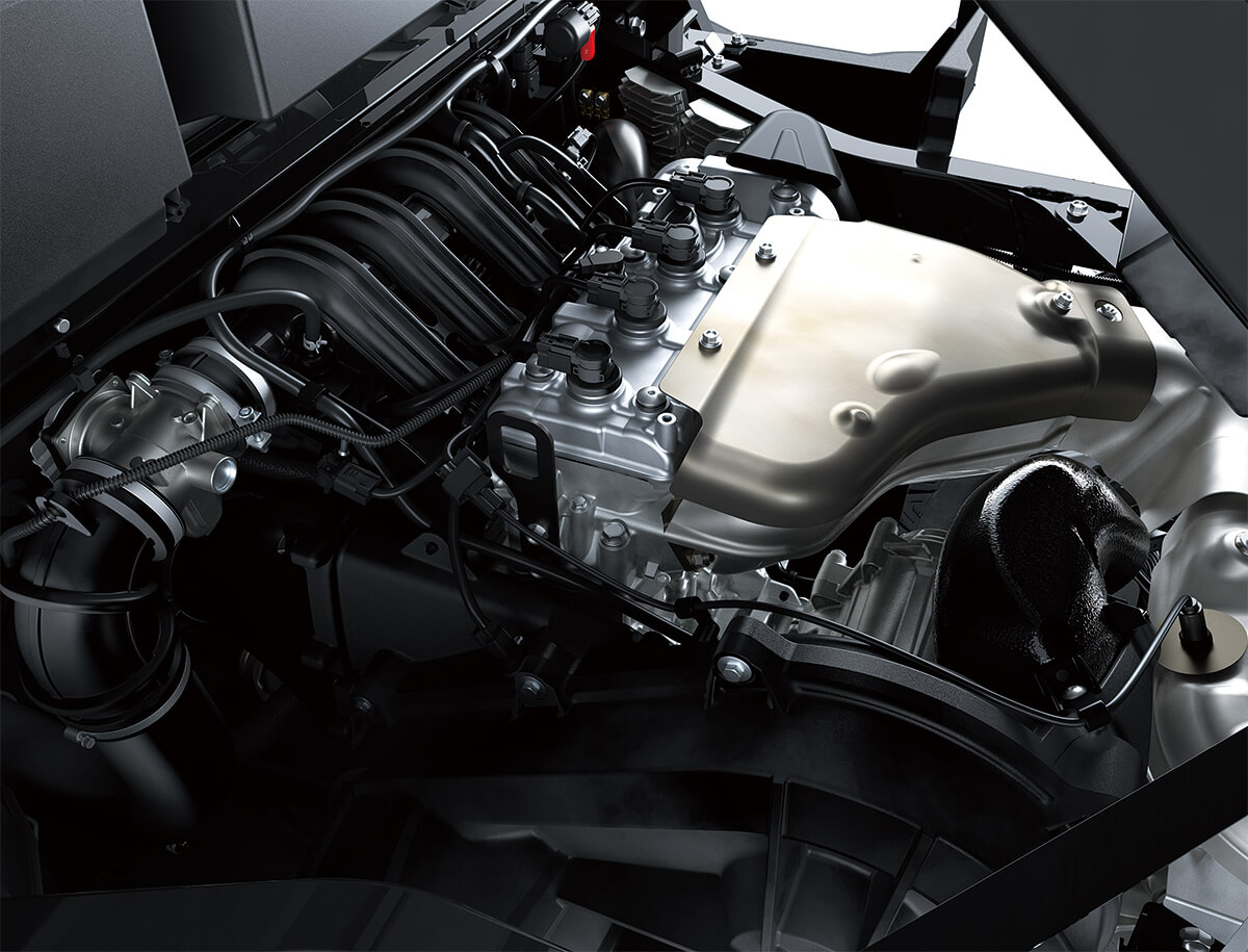 Closeup, overhead view of a side x side's engine.