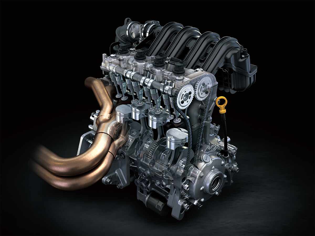 Front angle of a side x side's engine staged in a black studio background.