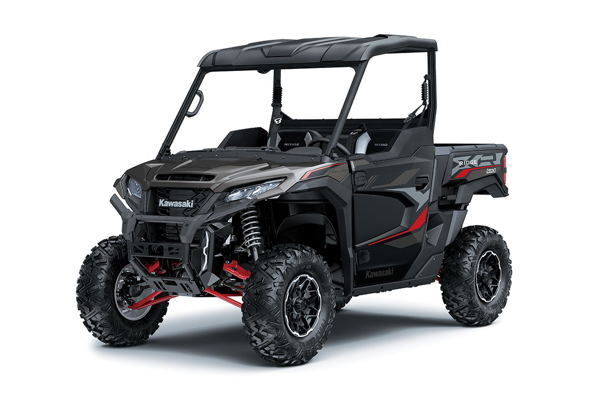 Three-quarter front angle of a red side x side staged in a white studio background.