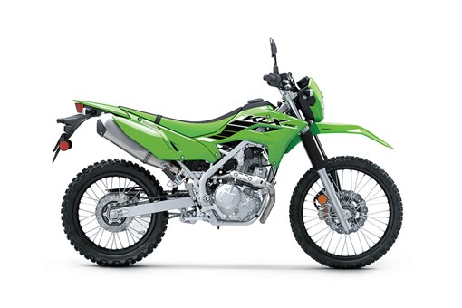 Profile angle of a green motorcycle staged in a white studio background. opens in a new window