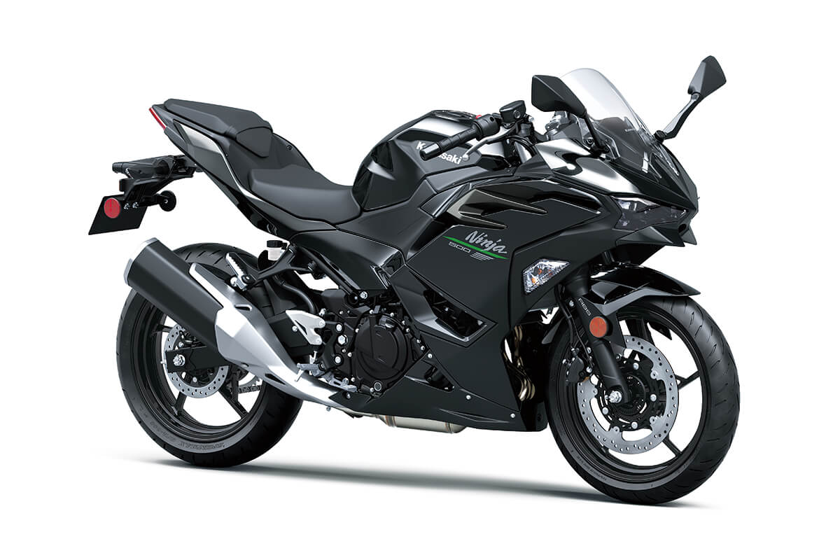 Three-quarter front angle of a black motorcycle staged in a white studio background.