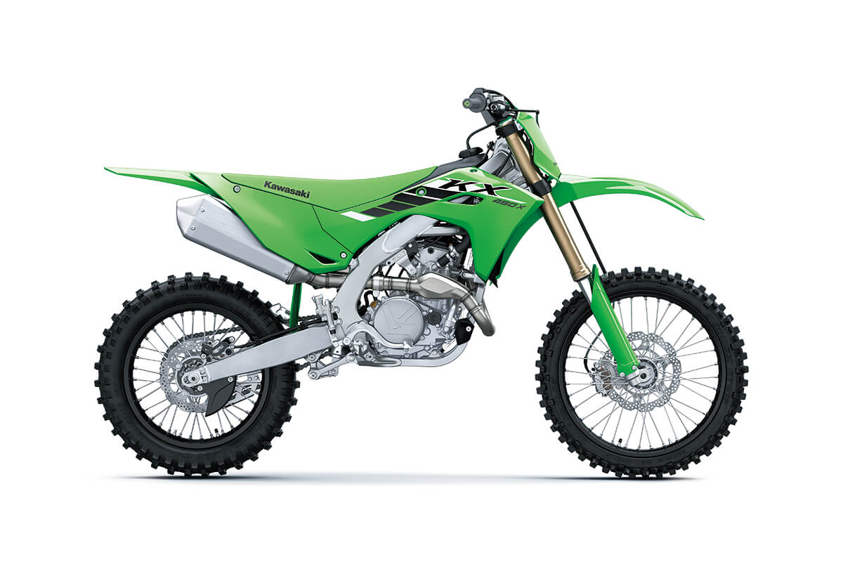 Profile angle of a motorcycle staged in a white studio background.