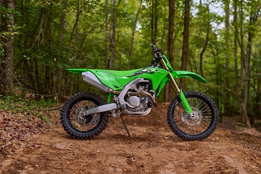 Side angle of a motorcycle parked off-road. opens in a new window