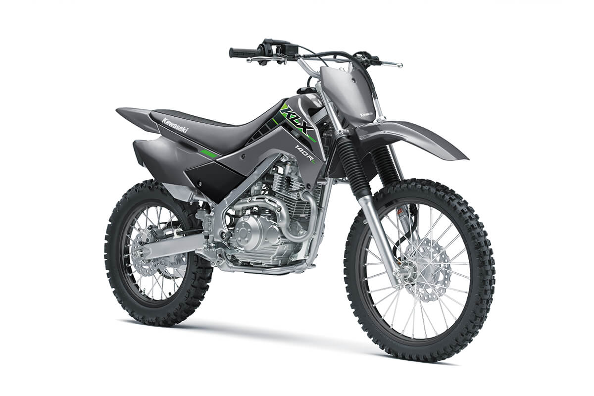 Three-quarter front angle of a gray motorcycle staged in a white studio background.