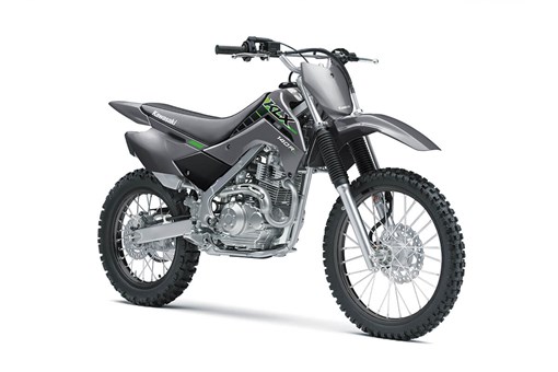 Three-quarter front angle of a gray motorcycle staged in a white studio background. opens in a new window