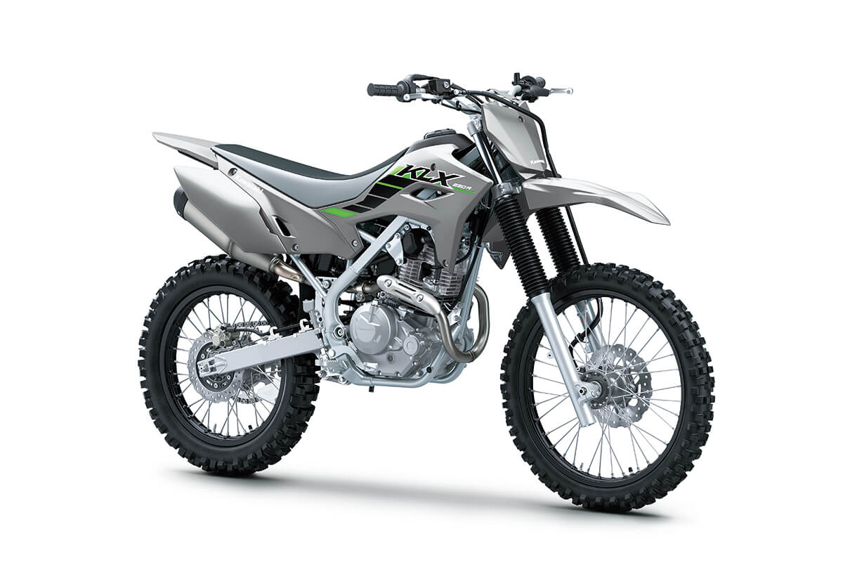 Three-quarter front angle of a grey motorcycle staged in a white studio background.