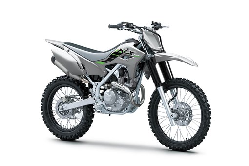 Three-quarter front angle of a grey motorcycle staged in a white studio background. opens in a new window