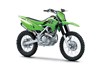  Three-quarter front angle of a green motorcycle staged in a white studio background.