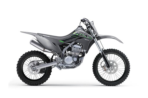 Profile angle of a gray motorcycle staged in a white studio background. opens in a new window