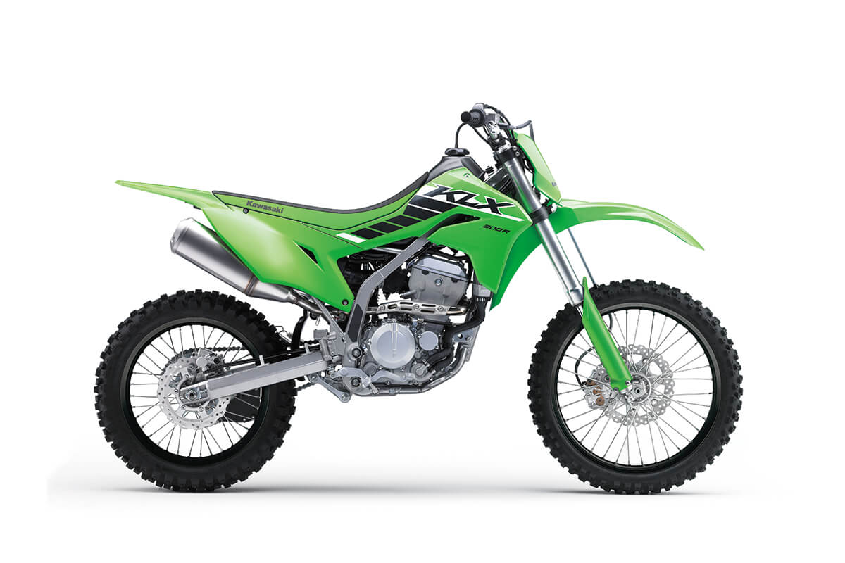 Profile angle of a motorcycle staged in a white studio background.