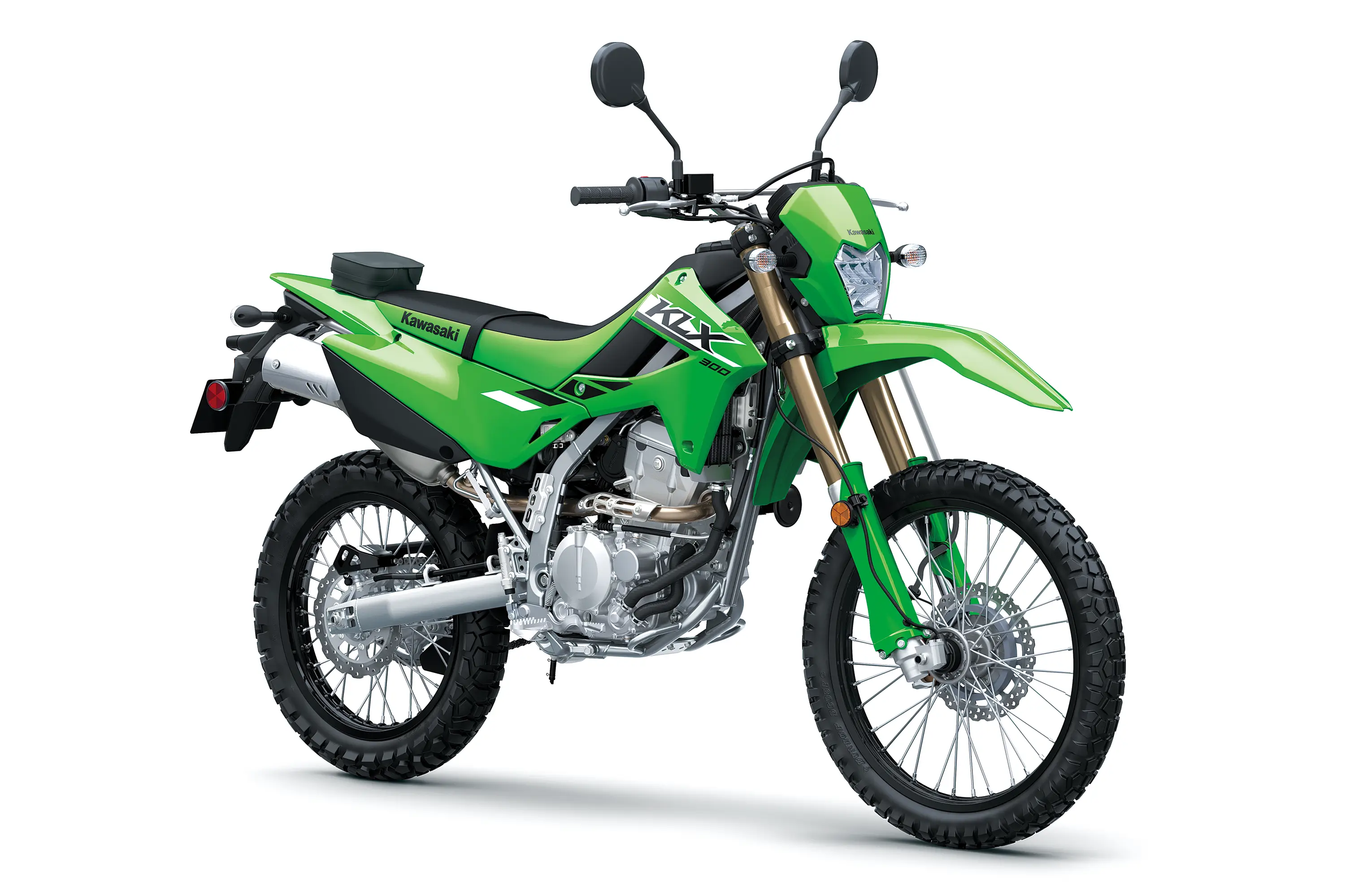 Three-quarter front angle of a motorcycle staged in a white studio background.