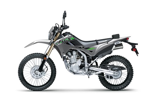 Side angle of a gray motorcycle staged in a white studio background. opens in a new window