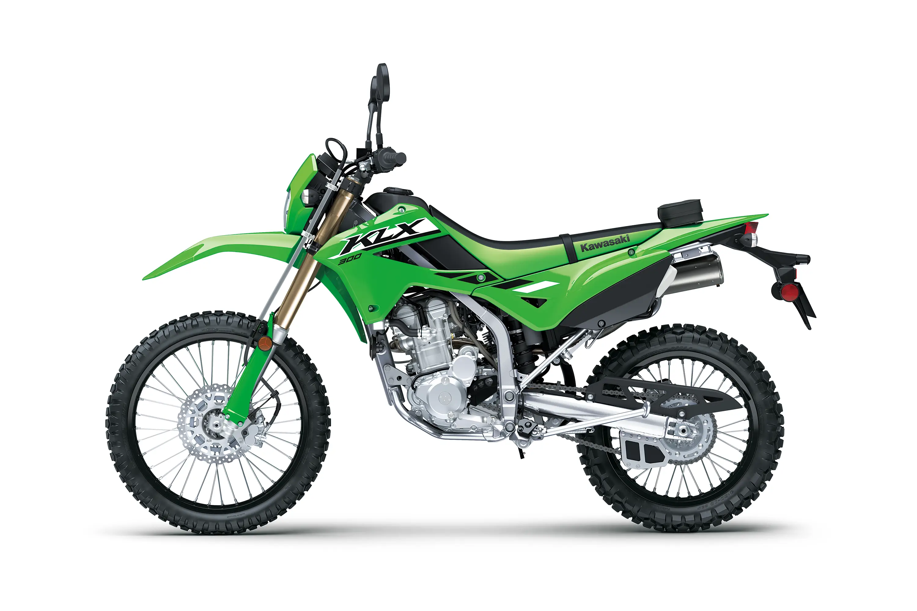 Side angle of a motorcycle staged in a white studio background.