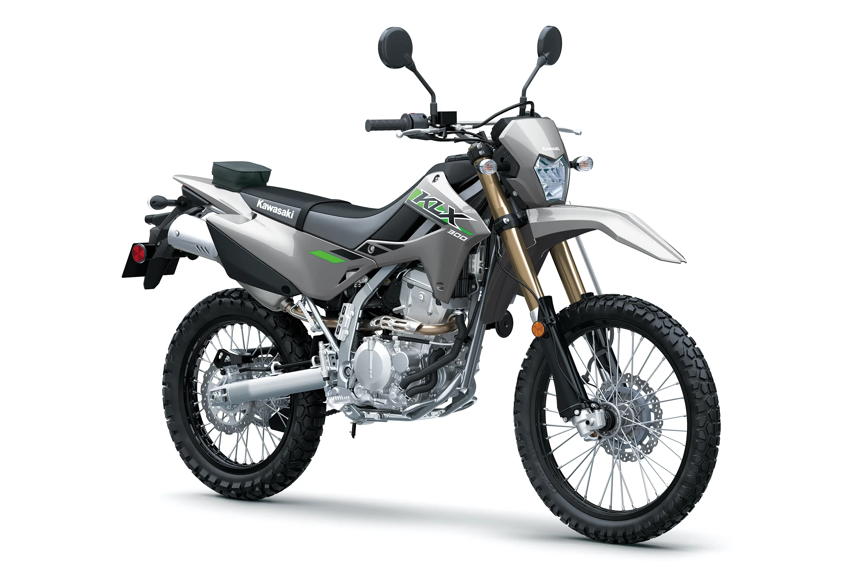 Three-quarter front angle of a gray motorcycle staged in a white studio background.