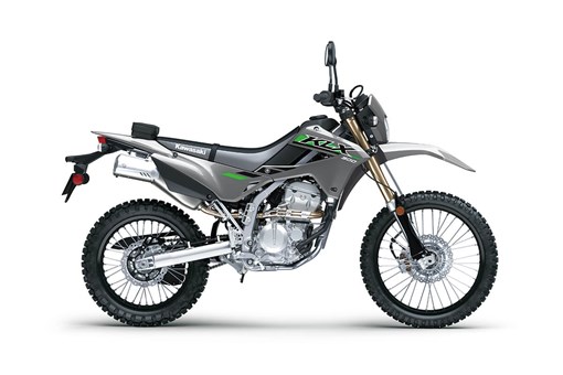 Profile angle of a gray motorcycle staged in a white studio background. opens in a new window