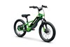 Three-quarter front angle of a lime green electric balance bike staged in a white studio background.