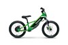 Side angle of a lime green electric balance bike staged in a white studio background.
