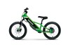 Profile angle of a lime green electric balance bike staged in a white studio background.