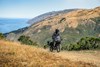 Three-quarter front angle of a person riding a motorcycle off-road with mountains in the background.