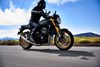 Profile angle of a person riding a motorcycle on a highway.