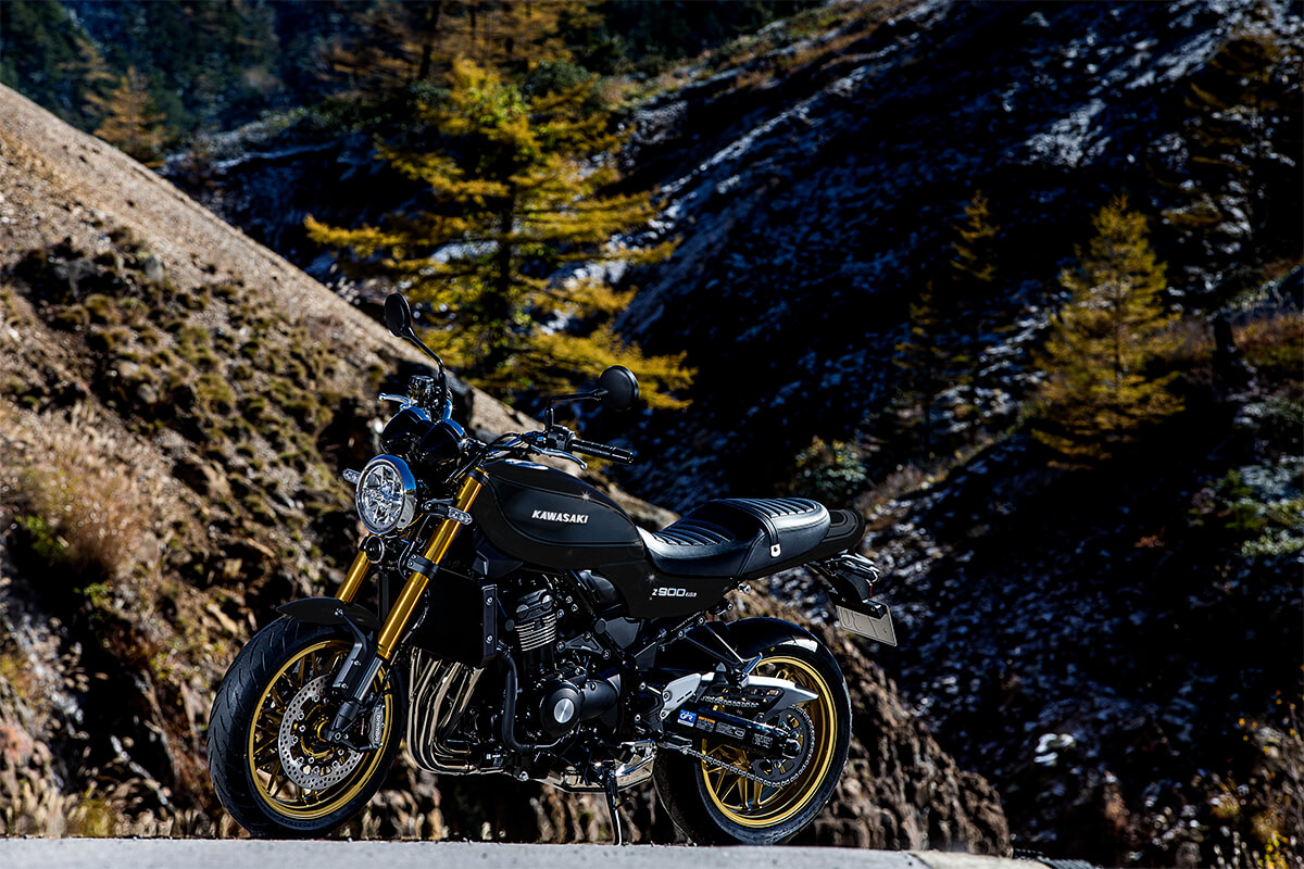 Side angle of a motorcycle parked on a highway with scenery in the background.