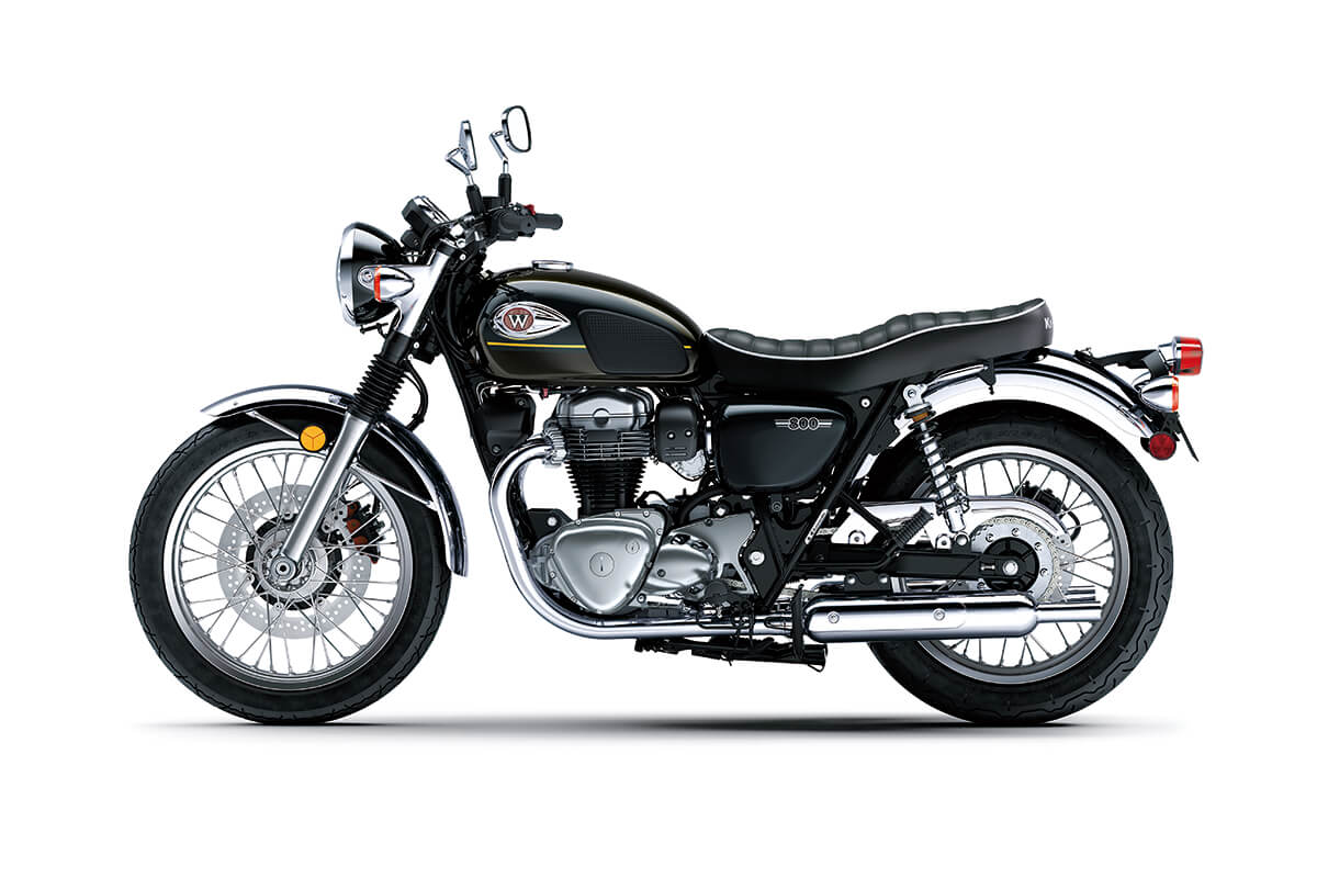 Side angle of a motorcycle in a white studio background.