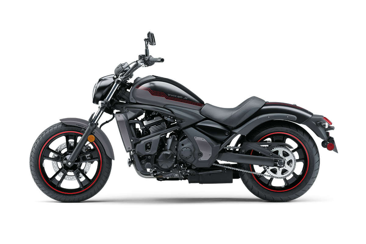 Profile angle of a motorcycle staged in a white studio background.