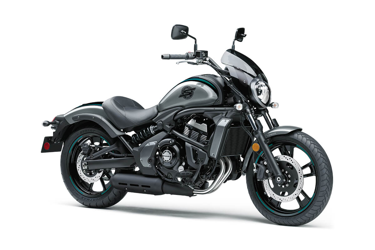 Three-quarter front angle of a motorcycle staged in a white studio background.