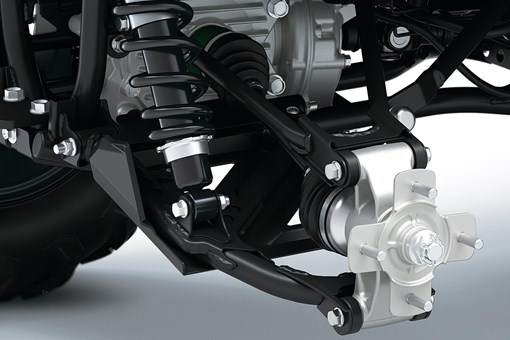 Close-up view of the suspension components of an ATV. opens in a new window