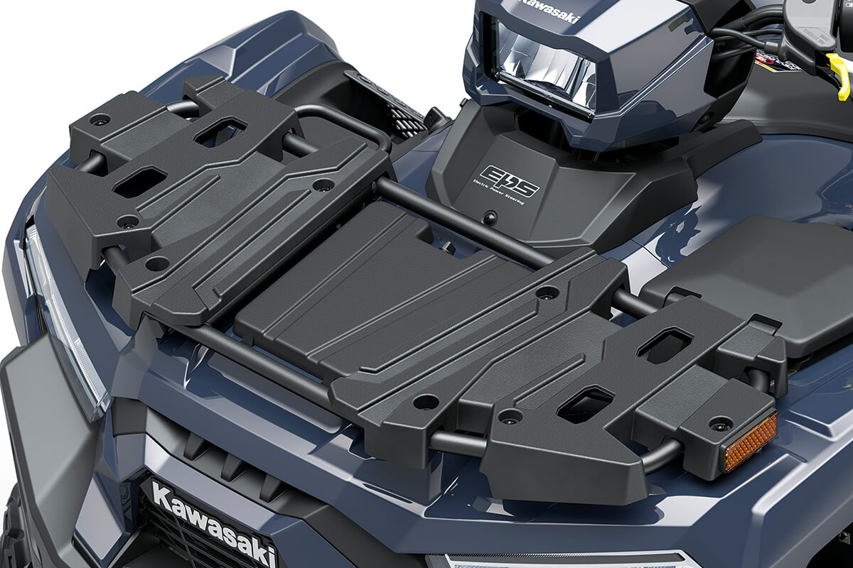 Close-up view of the front cargo rack of an ATV.