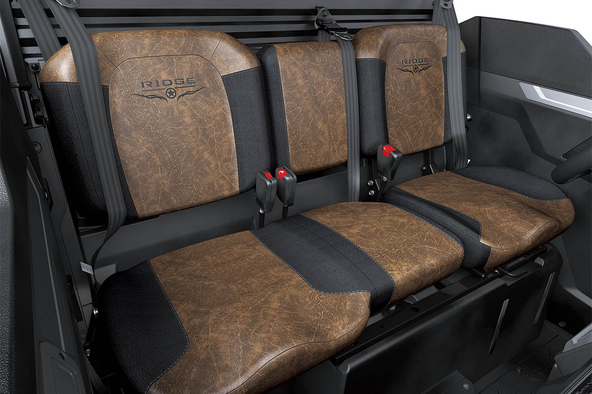 Front angle of the bench seating in a side x side staged in a white studio background.