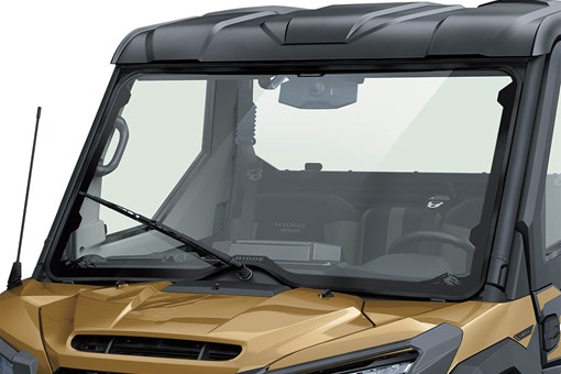 Front view of a windshield of a side x side staged in a white studio background. opens in a new window