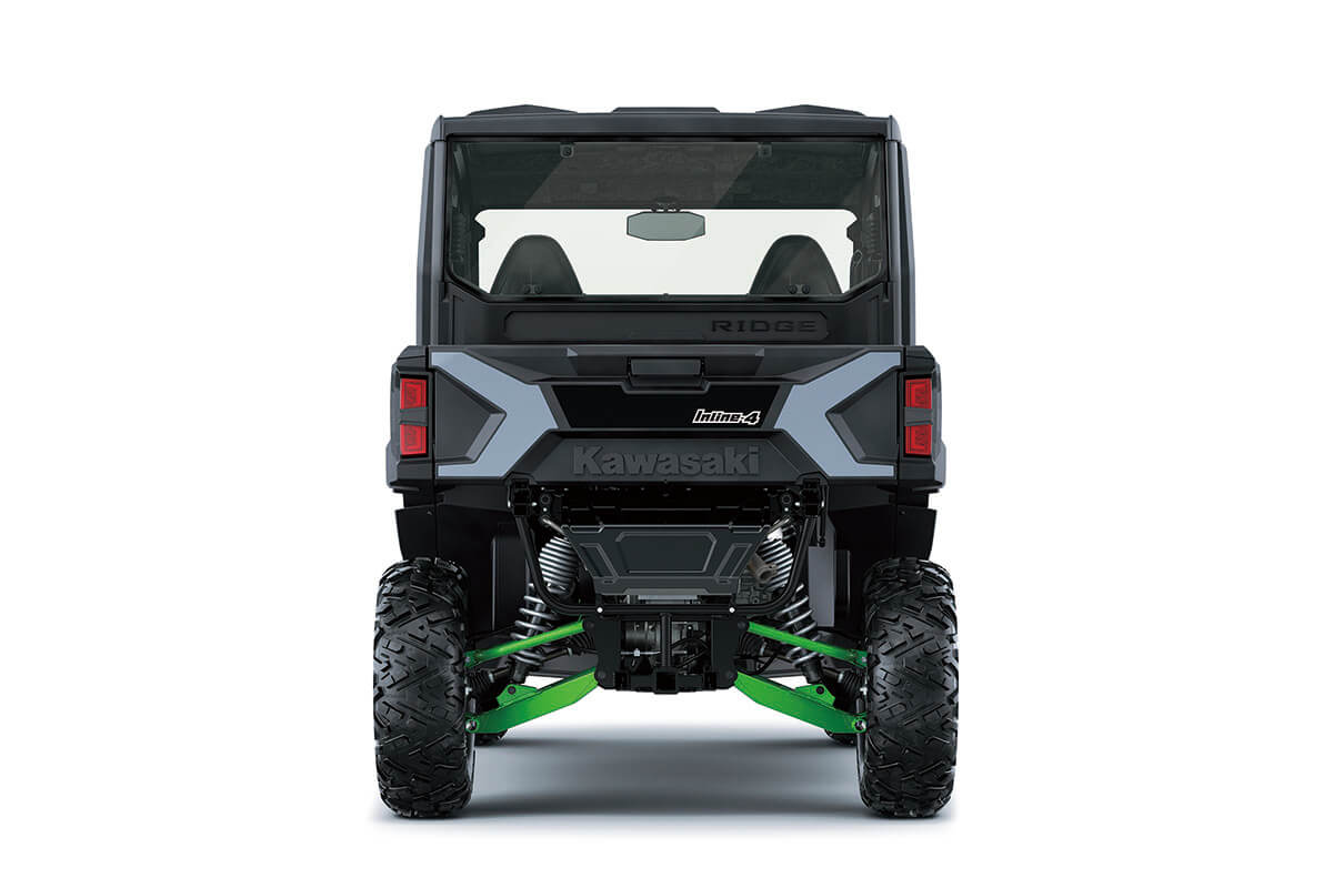 Rear view of a side x side staged in a white studio background.