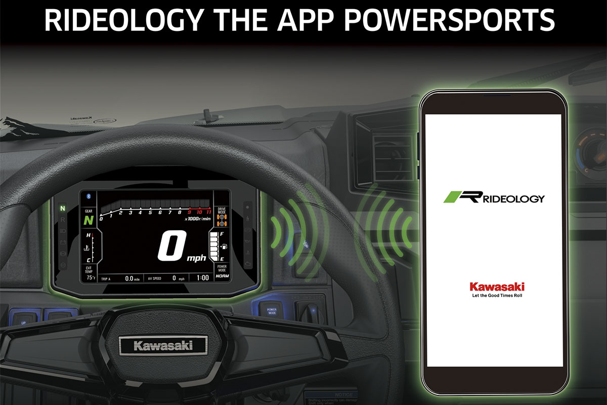 Graphic treatment showing smartphone app connectivity with a side x side.