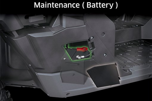 Graphic treatment showing access to the battery of a side x side. opens in a new window