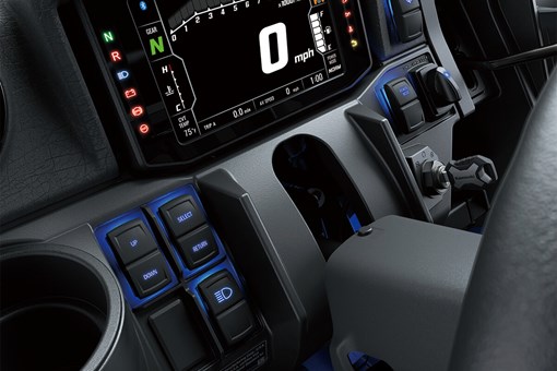 Close-up view of the instrument panel of a side x side. opens in a new window