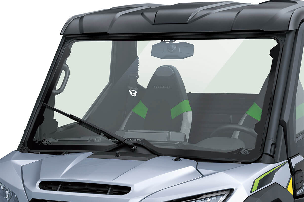 Front angle of the windshield of a side x side staged in a white studio background.