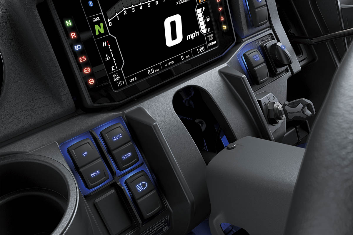 Close-up view of the instrument panel of a side x side.