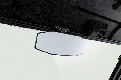 Close-up view of the rearview mirror of a side x side staged in a white studio background. opens in a new window