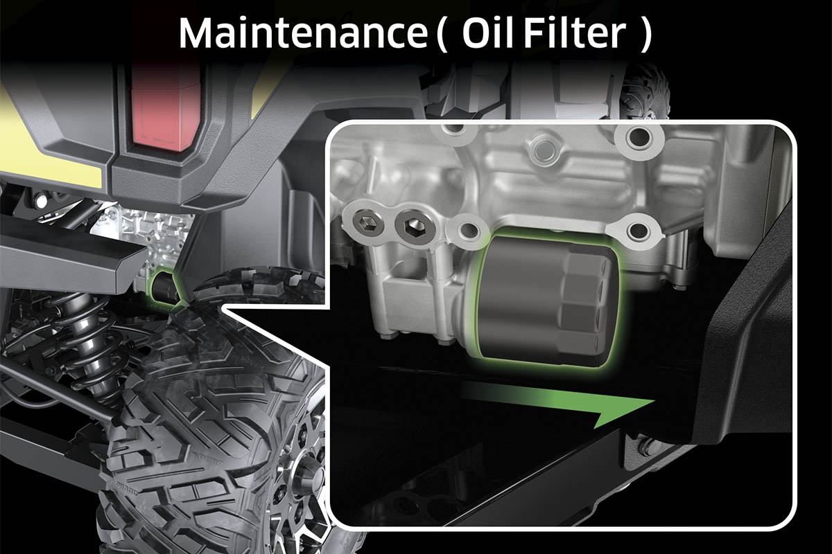 Graphic treatment showing the oil filer of a side x side.