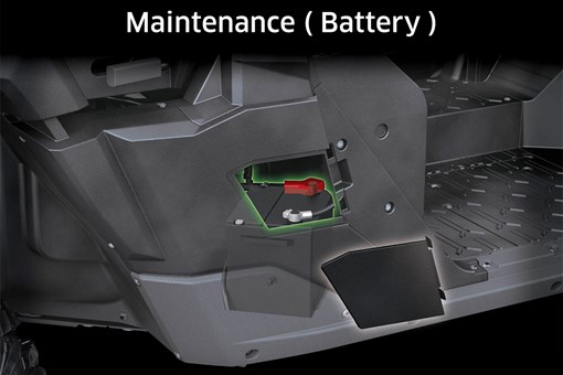 Graphic treatment showing access to the battery of a side x side. opens in a new window