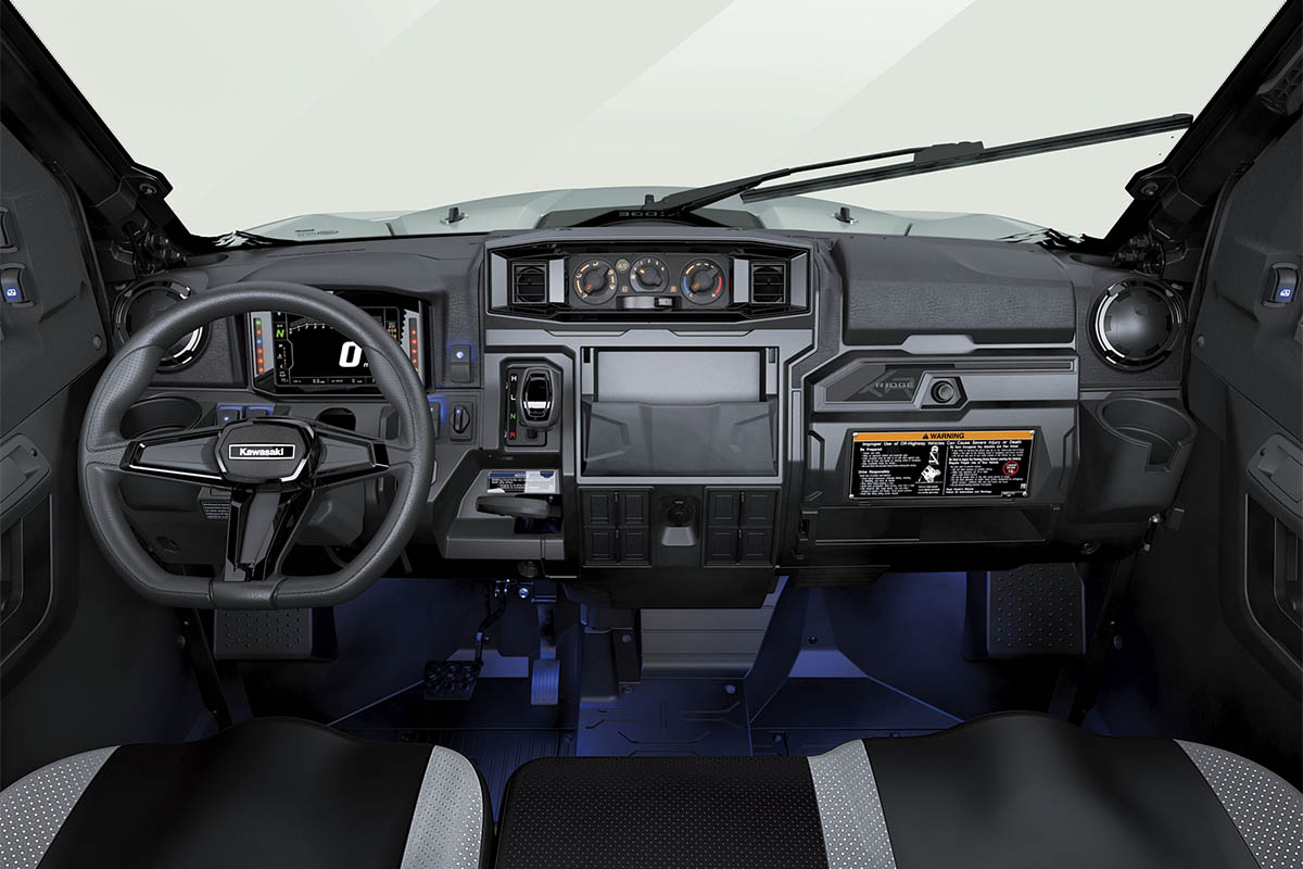 Front angle of the dashboard of a side x side staged in a white studio background.